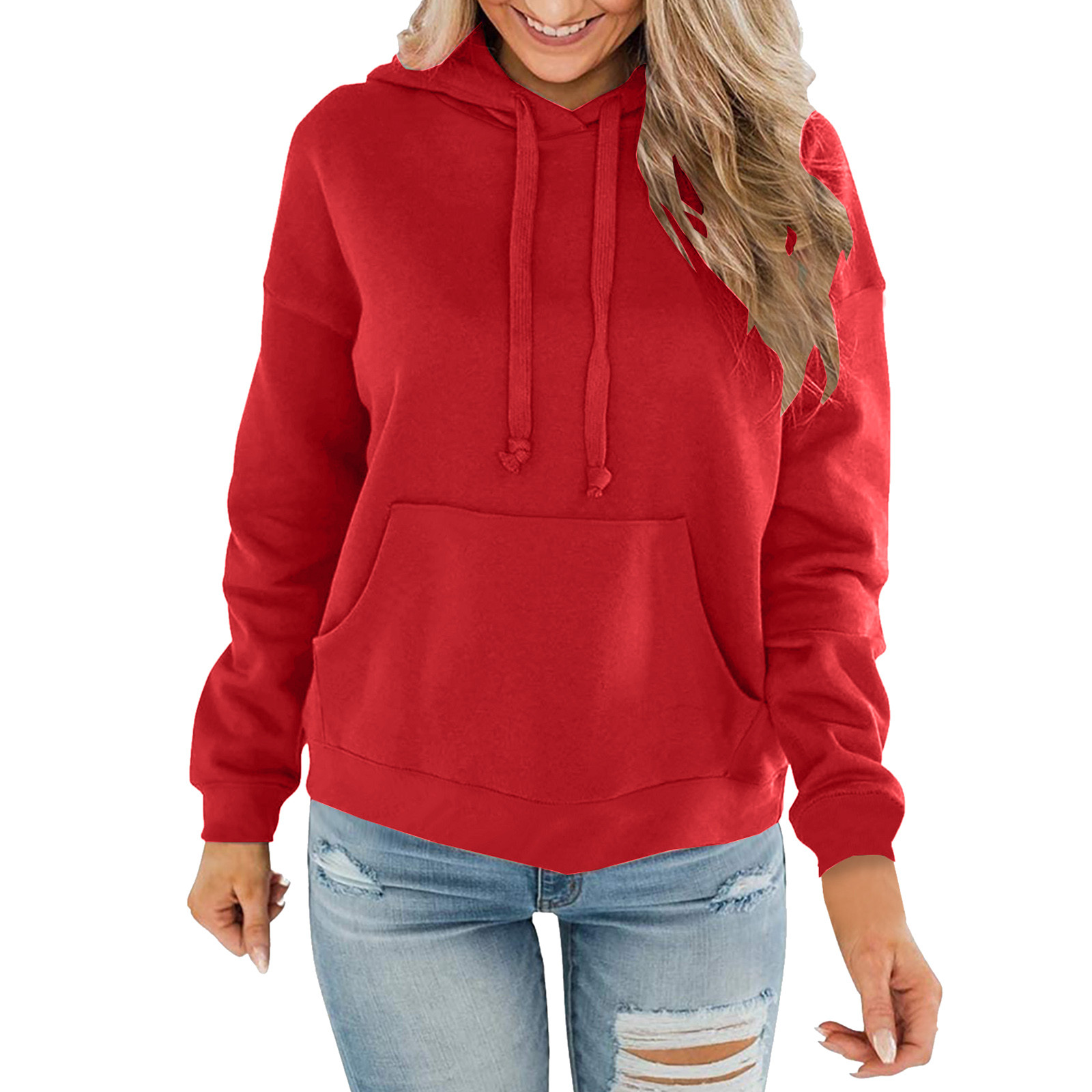 LBECLEY Long Hoodies Hoodie Drawstring Sweatshirt Long Sleeve Top Solid  Color Pocket Loose Casual Sweatshirt Sweatshirts and Hoodies Red M